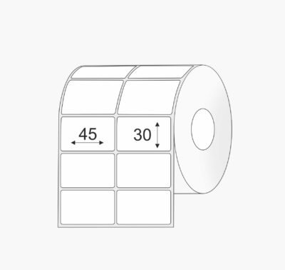 45x30PP, plastikinės etiketės, baltos spalvos Plastikinės 45mm x 30mm Polipropileno (PP) lipnios etiketės rulonuose, dviem eilėm, balta spalva, pastiprinti klijai, didelis rulonas