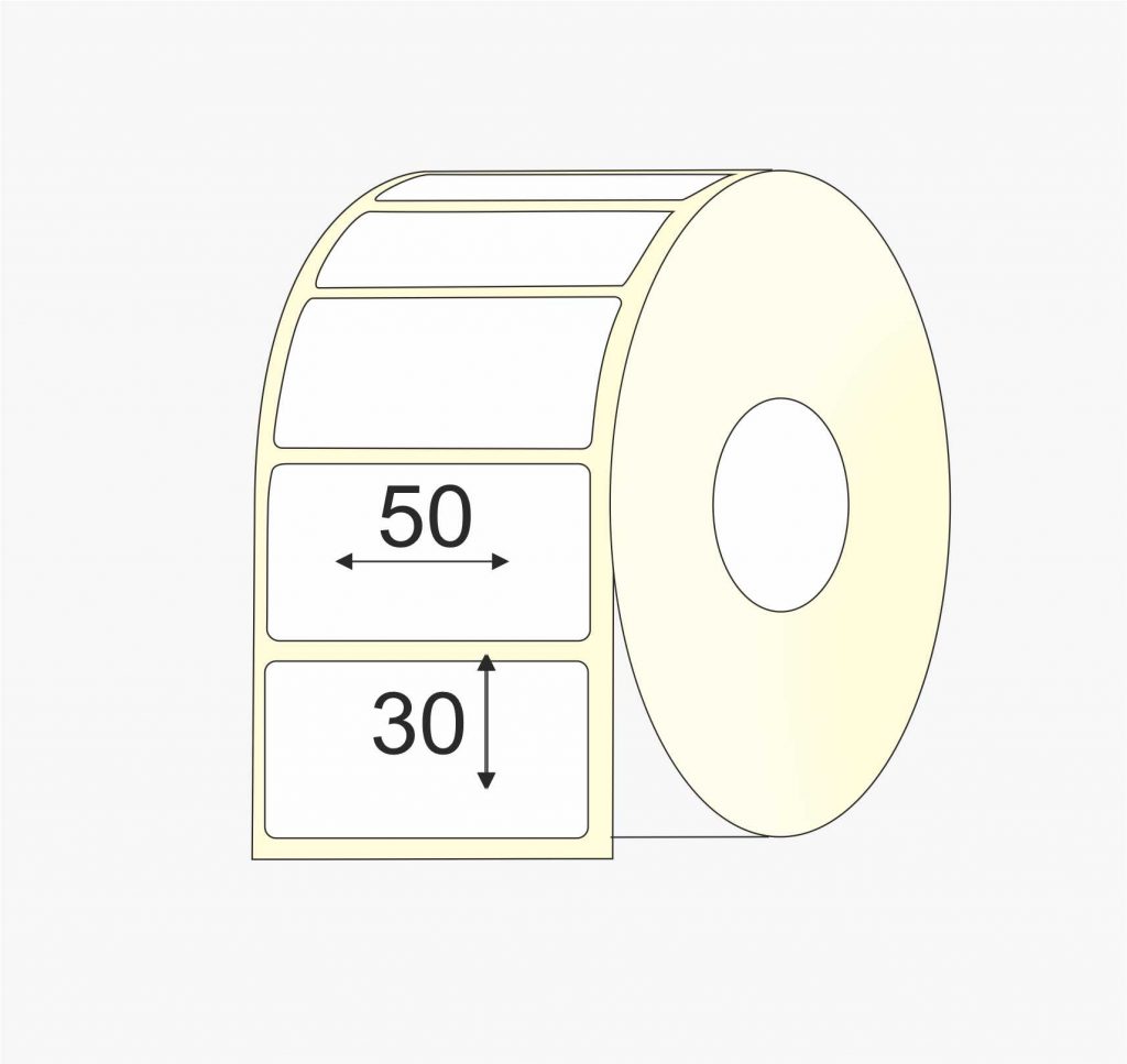 Lipnios etiketės 50x30 mm Thermal Top popierius (Mažas rulonas 1 eil. Standartiniai klijai) 1500 vnt.