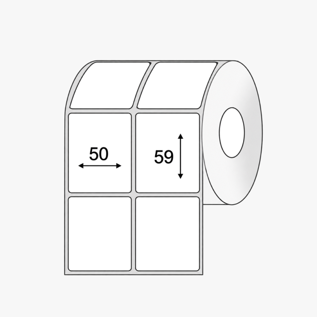 Lipnios plastikinės etiketės 50x59 mm polipropilenas (PP) (Mažas rulonas 2eil. Pastiprinti klijai) 1600 vnt.